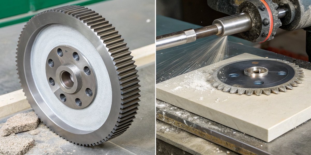 A split-screen image showing a CBN wheel grinding a steel gear on one side, and a diamond wheel cutting a ceramic tile on the other.