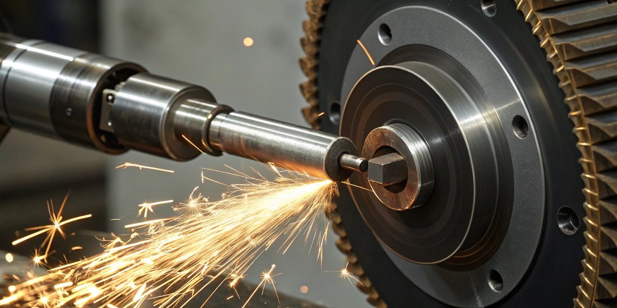 A detailed close-up of a CBN grinding wheel precision grinding a high-performance steel gear, with sparks indicating the intense process.