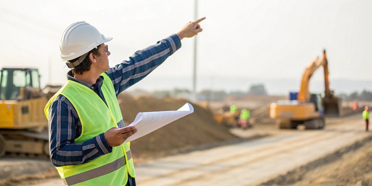 A safety officer on a construction site pointing to a safety notice that prohibits the use of 9-inch angle grinders.