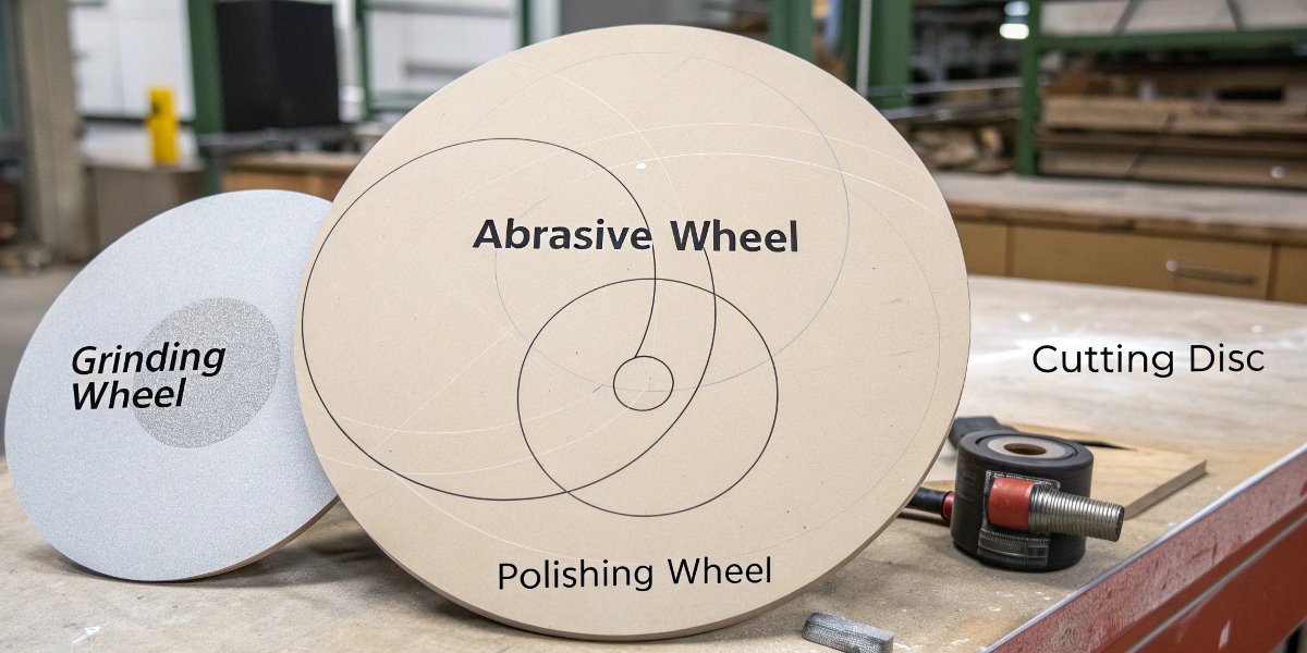 A simple diagram shows a large circle labeled 'Abrasive Wheel' containing smaller circles for 'Grinding Wheel,' 'Cutting Disc,' and 'Polishing Wheel'.