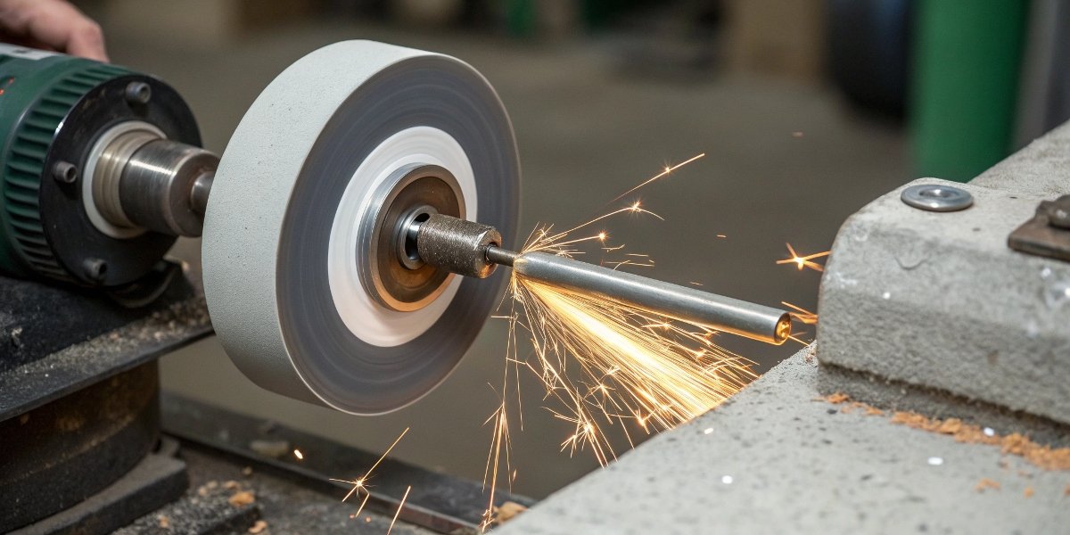 An illustration showing a dull grain breaking off a soft-bonded wheel as it grinds a hard workpiece, exposing a new, fresh grain underneath.
