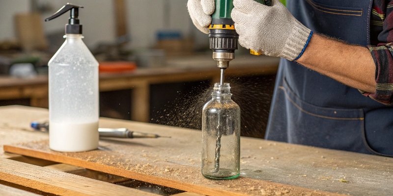 A person using a Dremel with a diamond bit to carefully smooth the edge of a glass bottle, with a spray bottle nearby
