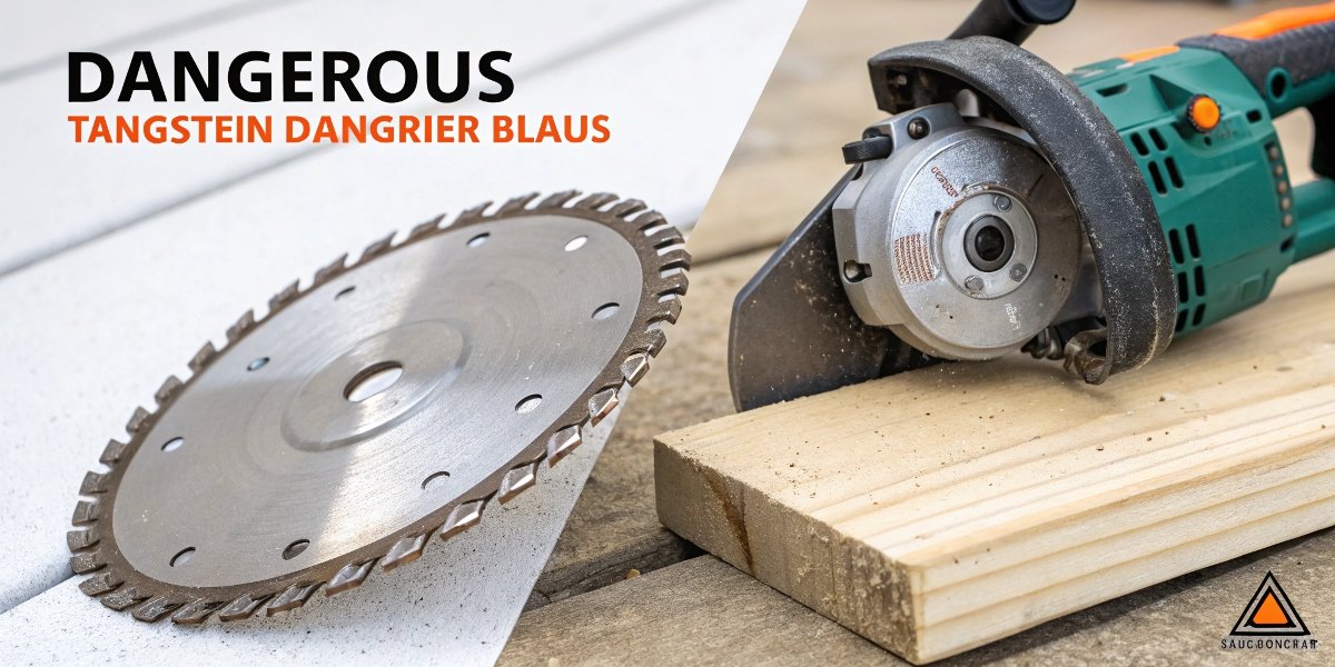 A dangerous chainsaw-style angle grinder blade next to a much safer tungsten carbide grit carving disc