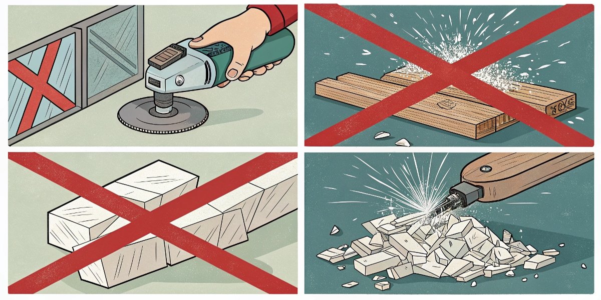 A four-panel image with a red X over each: a pane of shattering glass, a piece of wood, a block of soft plastic melting, and a pile of rubble.