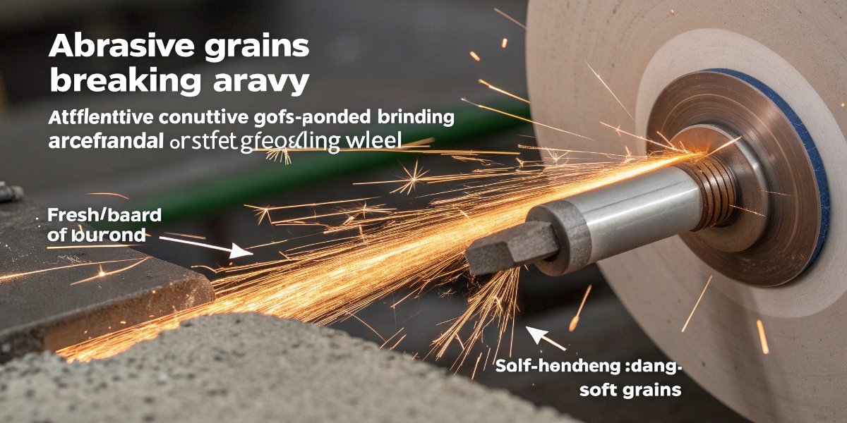 A diagram showing grains breaking away from a soft-bonded wheel as it grinds hard steel, exposing new sharp grains.