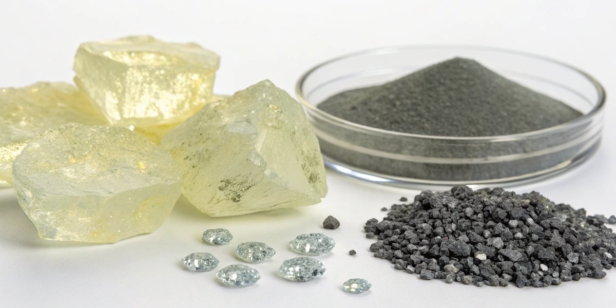 A lab-like image showing glowing raw silicon carbide crystals and a pile of small industrial diamonds.