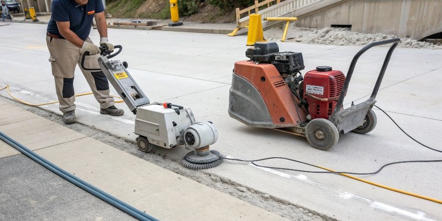 A large walk-behind concrete planer next to a small handheld angle grinder, showing the difference in scale