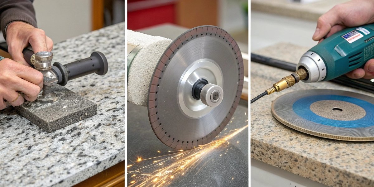 A collage of images showing a diamond wheel sharpening a carbide router bit, cutting a granite countertop, and slicing a silicon wafer for electronics.
