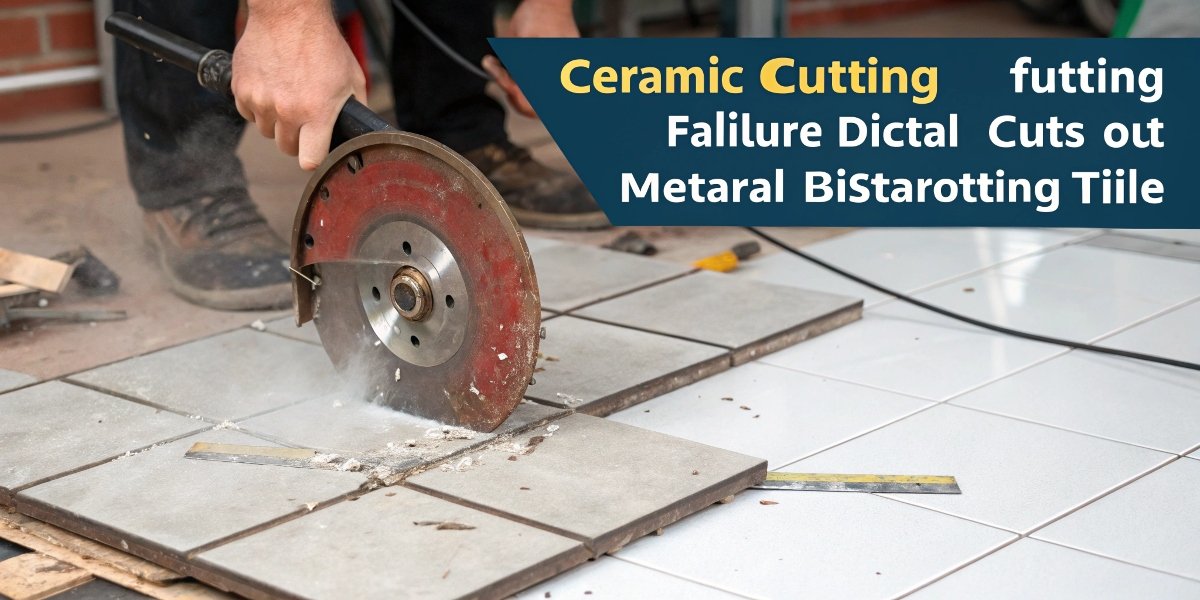 A demonstration of failure: a crumbling, smoking metal cutting disc failing to cut into a ceramic tile, contrasted with a clean cut being made by a diamond blade.