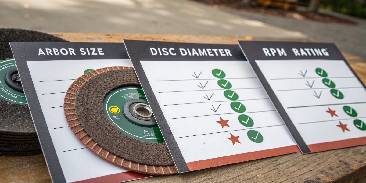 An infographic chart showing three checkpoints for compatibility: Arbor Size, Disc Diameter, and RPM Rating, each with a green checkmark.