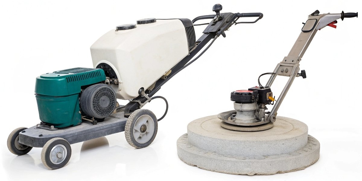 A handheld angle grinder is shown next to a large walk-behind concrete floor grinding machine