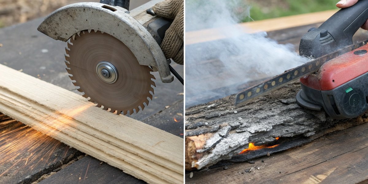 A photo showing a smoking, scorched line where an abrasive wheel failed to cut wood, side-by-side with a photo of a dangerous toothed wood "carving" blade for a grinder.