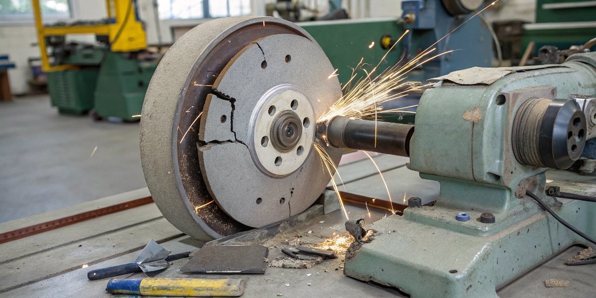A cracked and broken grinding wheel is shown, illustrating catastrophic failure.