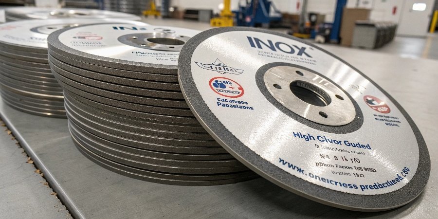 A stack of freshly manufactured, high-quality Reliable brand INOX cutting discs, showing their clean labels and reinforced centers