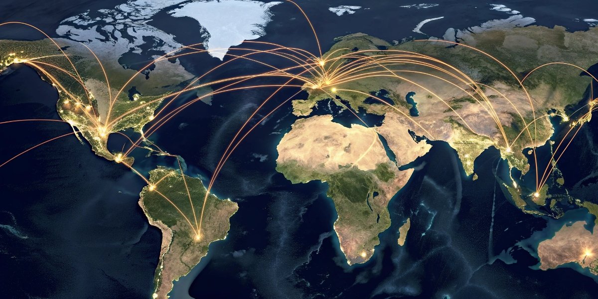 A world map with glowing lines of commerce connecting industrial hubs in Europe, North America, and rapidly growing manufacturing centers in Asia and South America.