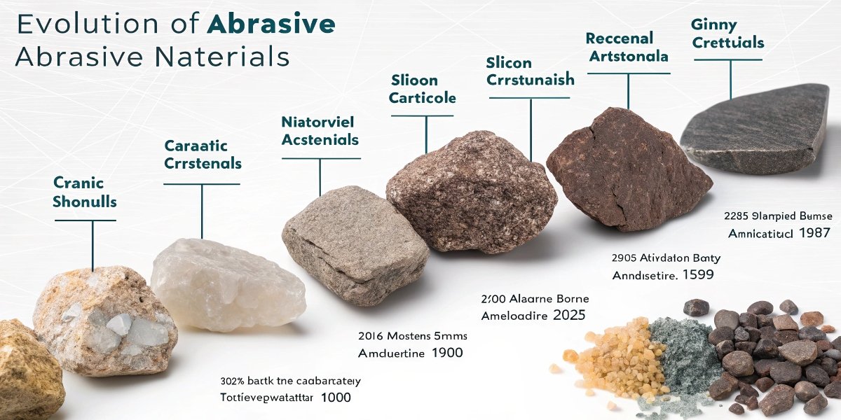 A historical timeline graphic showing natural sandstone, then dark emery rock, followed by iridescent silicon carbide crystals and modern ceramic grains.