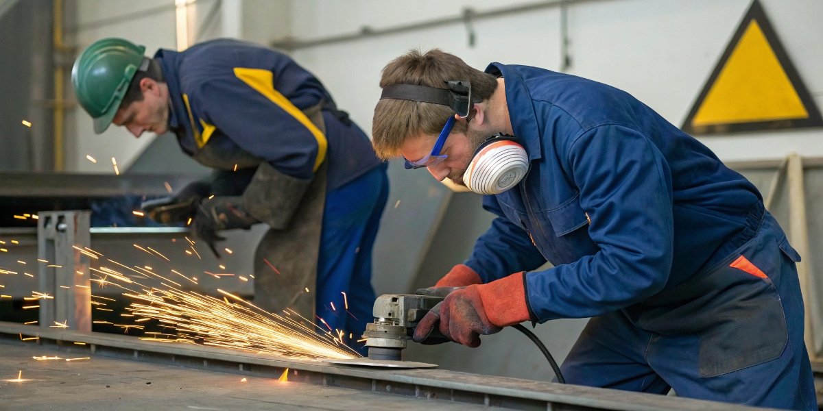 An image showing two operators. One is relaxed, letting the tool work smoothly. The other is hunched over, pushing down hard, with a danger symbol overlaid.
