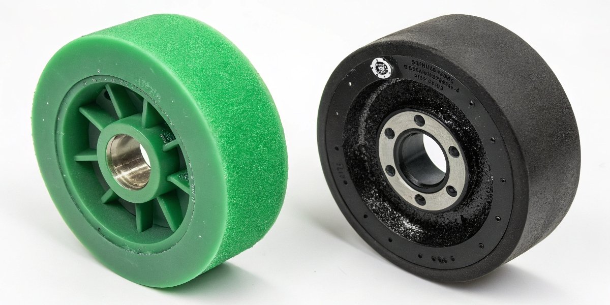 A side-by-side comparison of a green and a black silicon carbide wheel.