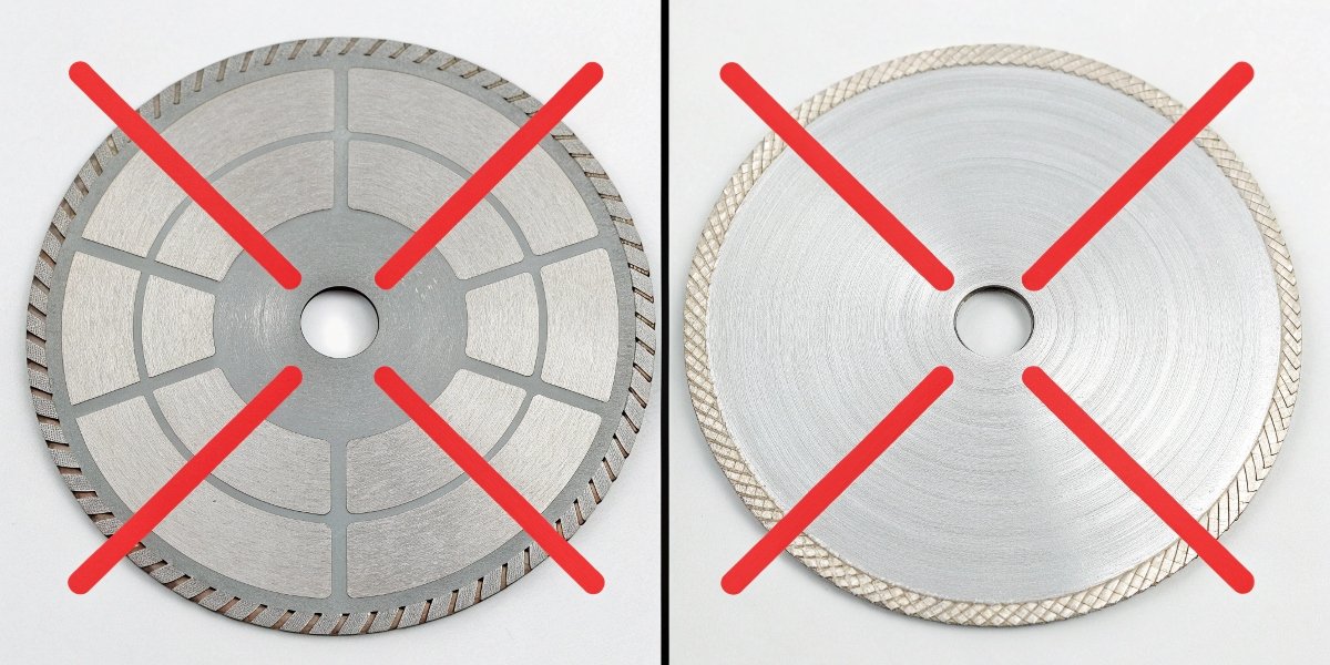 A clear diagram showing a thin cutting disc correctly cutting and incorrectly grinding, with the incorrect usage marked with a large red X.