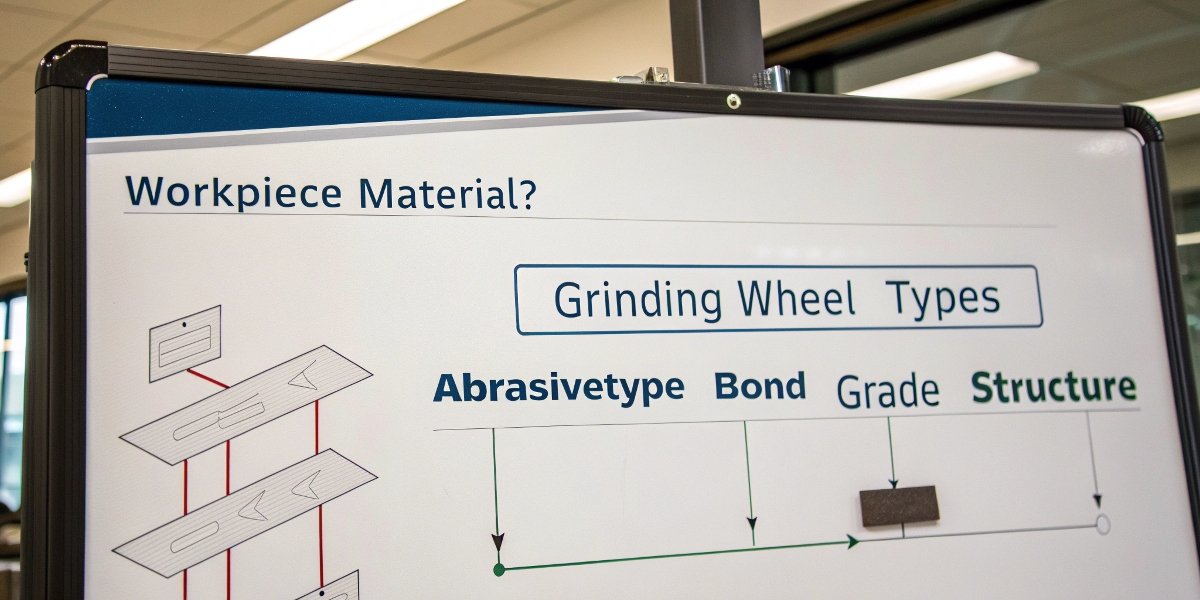 A flowchart that starts with "Workpiece Material?" and branches out to different wheel types.