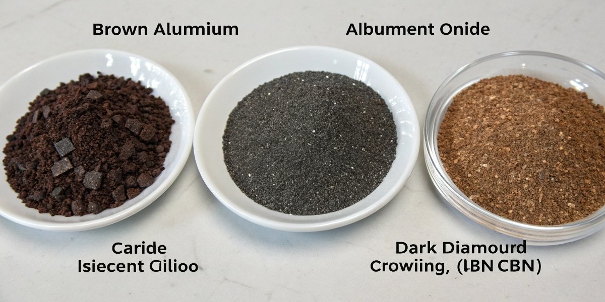 An image showing the four main abrasive types side-by-side: brown Aluminum Oxide, iridescent Silicon Carbide, sparkling Diamond, and dark CBN.