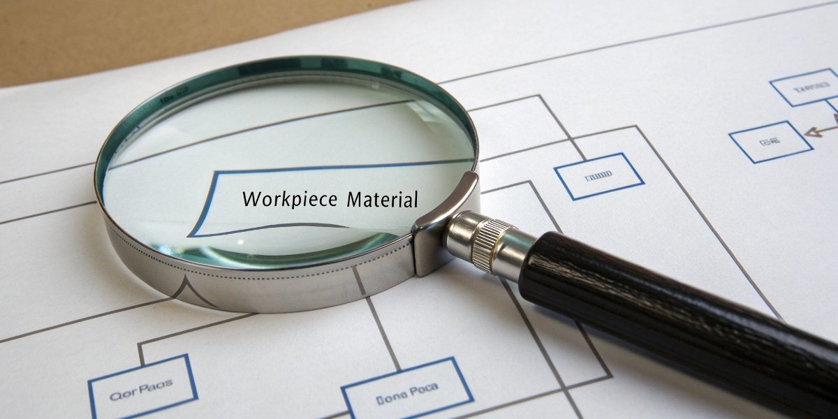 A magnifying glass is positioned over a diagram, highlighting the 'Workpiece Material' box in a flowchart about choosing a grinding wheel.