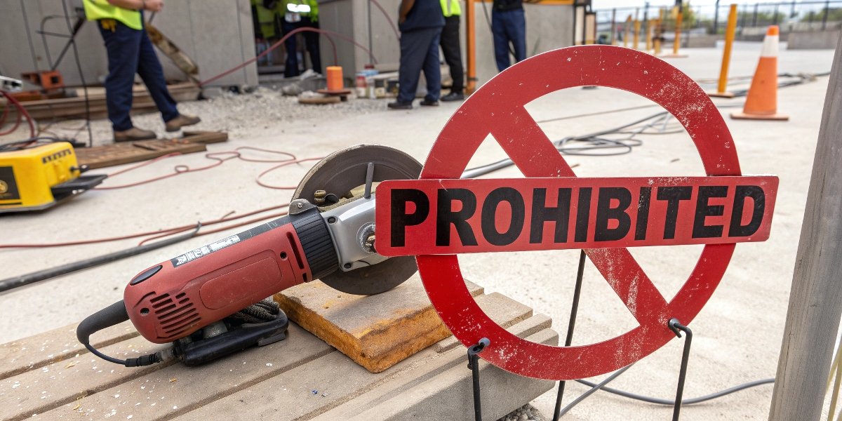 A large red "prohibited" symbol over a 9-inch angle grinder on a construction site safety board.