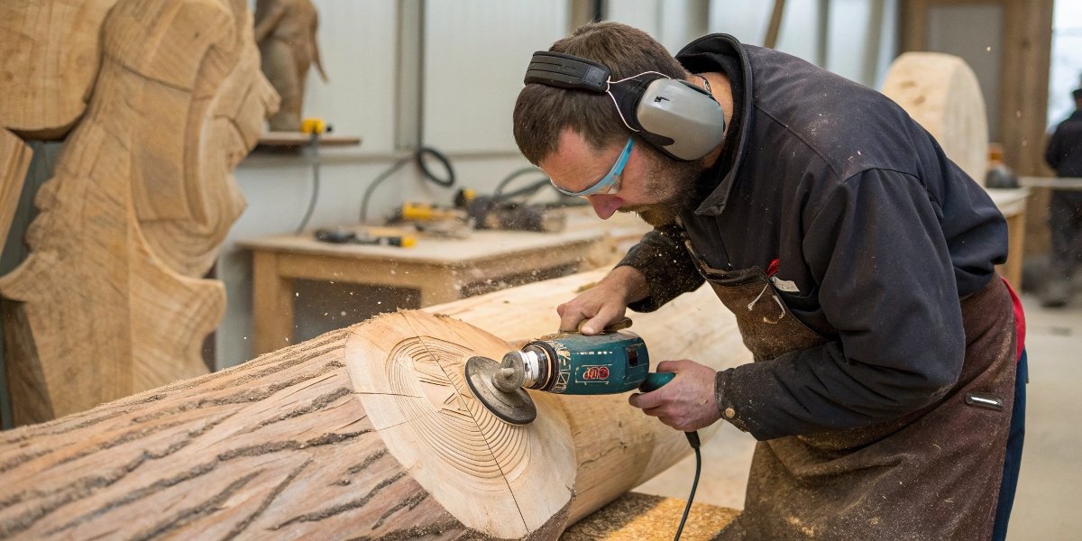 A woodworker using an angle grinder with a carbide carving disc to shape a sculpture