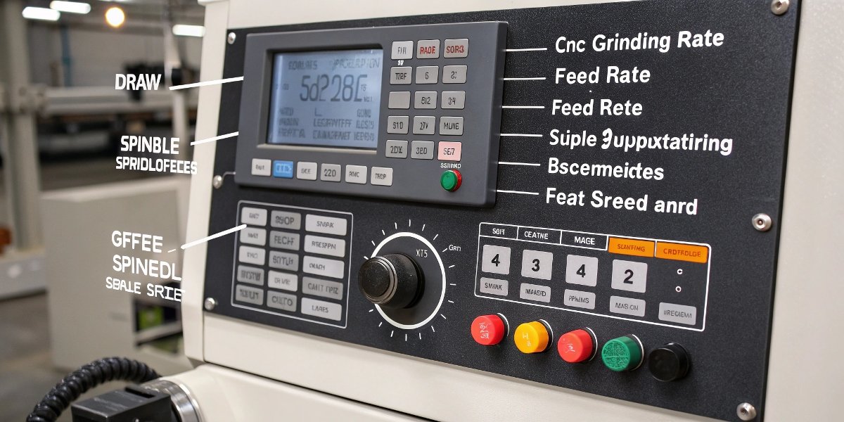 A photo of a CNC grinding machine's control panel, with arrows highlighting the controls for federate and spindle speed.