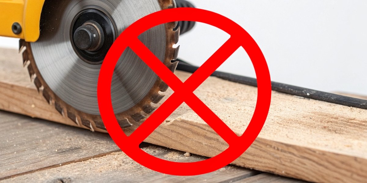 A dangerous-looking toothed wood-cutting blade attached to an angle grinder with a prohibition symbol over it