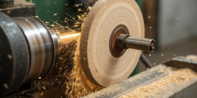 An image showing a standard abrasive metal grinding wheel with a large red "X" over it, placed next to a piece of splintered, burnt wood.