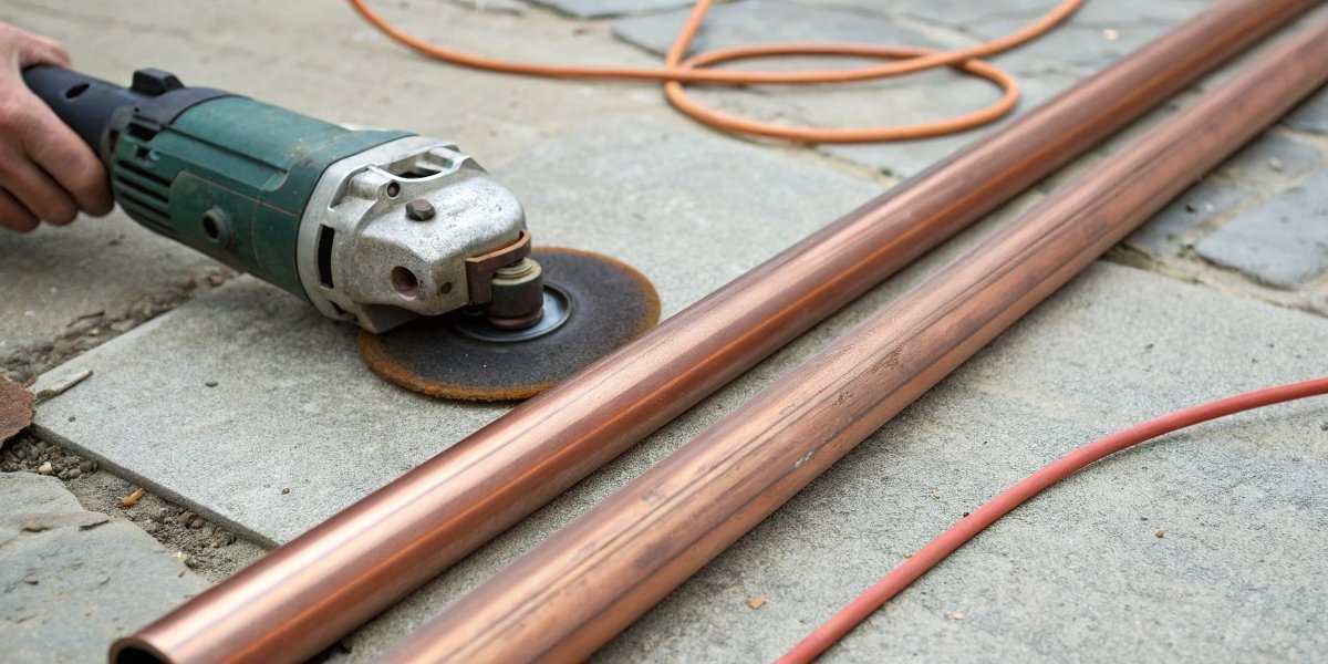 A comparison of a hacksaw, an automatic tubing cutter, and an angle grinder next to a copper pipe