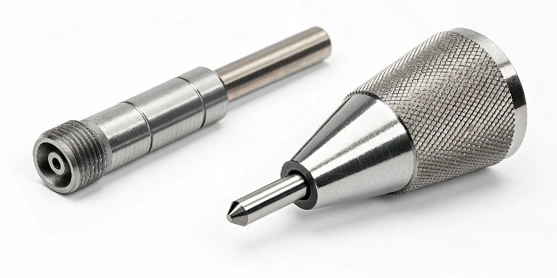 A reaming tool designed to enter a hole, next to a cone-shaped deburring abrasive
