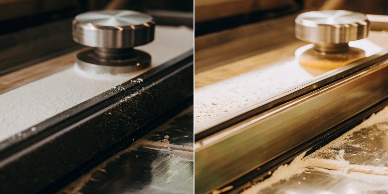 A split image showing a matte, deburred part on one side and a highly reflective, polished part on the other