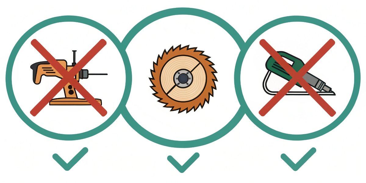 An infographic showing icons for no wood cutting, no side grinding, and no guard removal