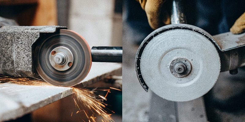 An image comparing a bench grinder wheel (often called a stone) and an angle grinder wheel, with a universal "No Wood" symbol over both.