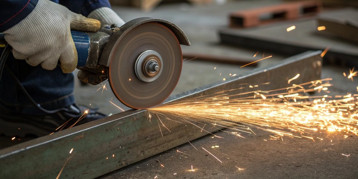 A close-up of a cutoff wheel cutting copper with very few sparks compared to steel