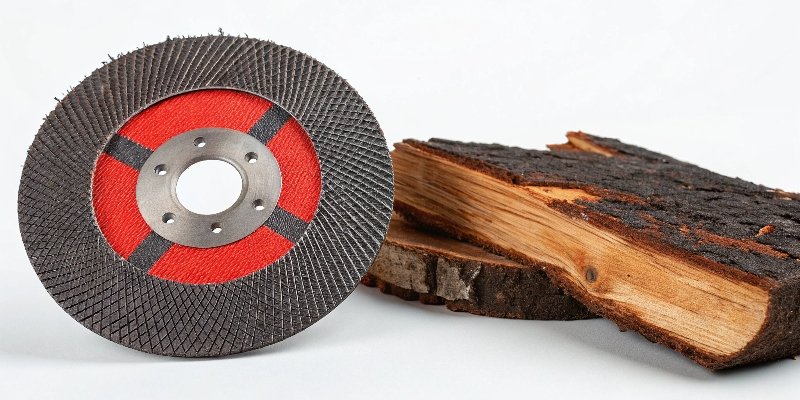 An image showcasing several safe angle grinder attachments for wood: a carving disc with teeth, a chainsaw wheel, and a flap disc.