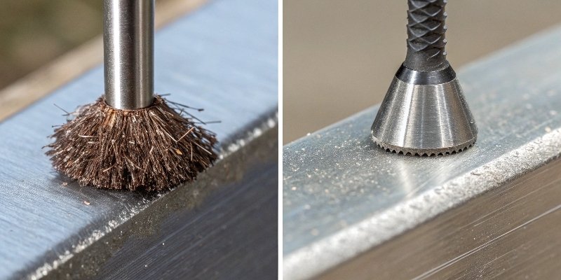 A close-up of a sharp burr on a metal edge versus the same edge after being smoothed by deburring