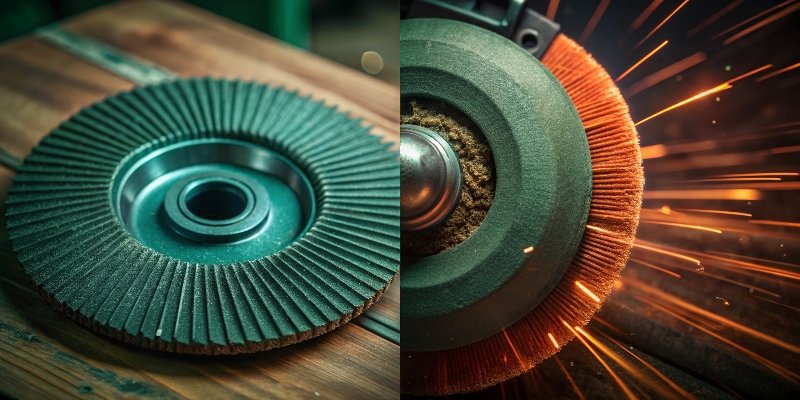 An image of a flap disc, with a split view showing half of it sanding a metal weld smoothly and the other half sanding a wooden plank.