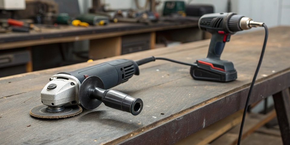 A corded angle grinder next to a cordless one on a workshop bench