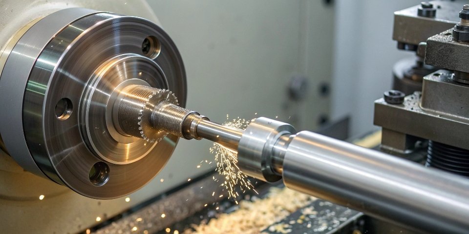 A high-precision cylindrical grinding machine creating a mirror finish on a metal shaft.