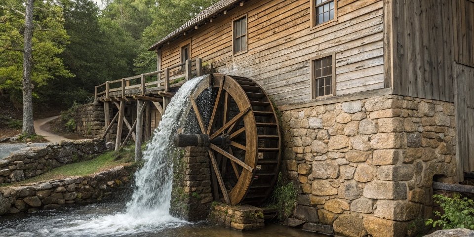 A large wooden water wheel on the side of a stone mill, with water cascading over the top.