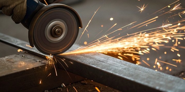 A close-up of a soft grinding wheel cutting a piece of hardened steel with sparks flying.