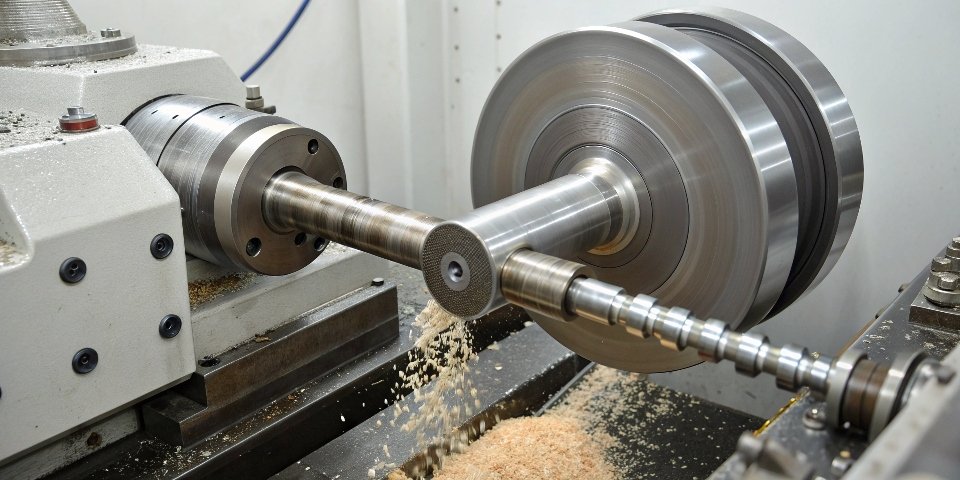 A large crankshaft mounted in a specialized grinding machine during operation.