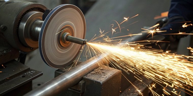 A close-up of a grinding wheel creating sparks as it finishes a metal part.