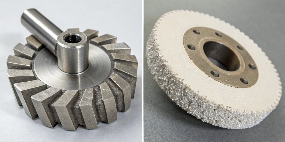 A side-by-side comparison of a milling cutter and a grinding wheel