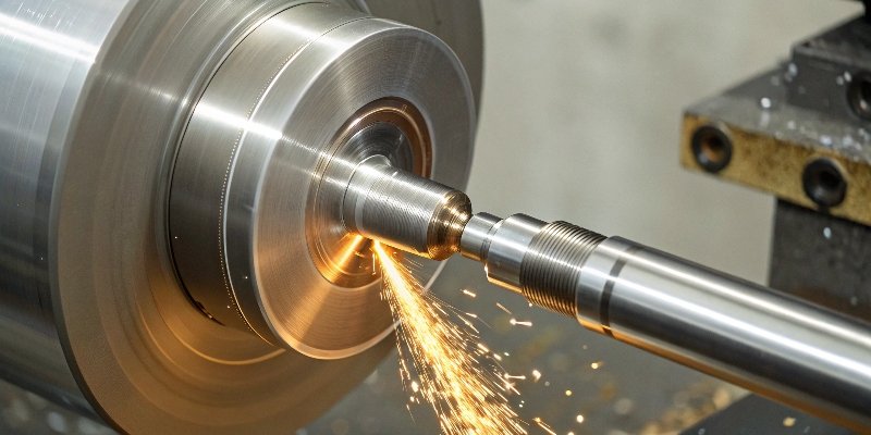 A close-up of a precision grinding wheel creating a mirror-like finish on a metal cylinder