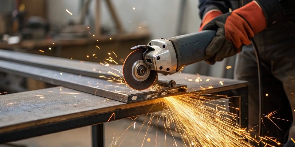 An angle grinder with a prominent safety guard correctly installed.
