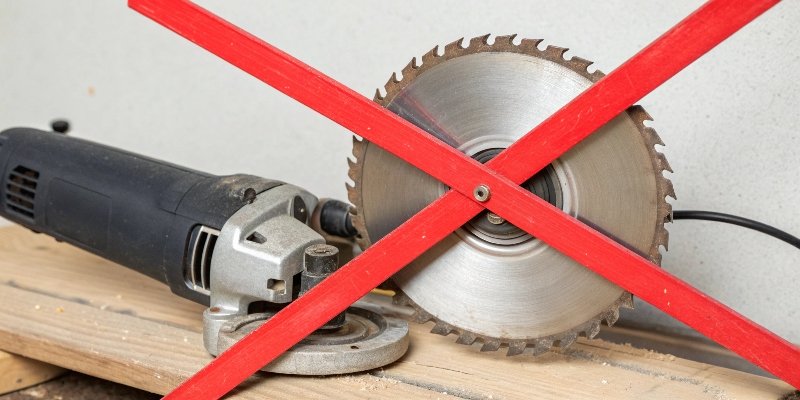 An angle grinder next to a circular saw blade with a large red X over it
